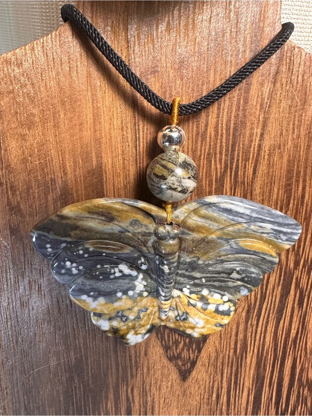 Handcrafted Ocean Jasper Butterfly Pendant Necklace-Green & Gold on Black Rope